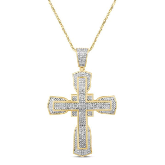 Image of Necklaces. Productname: Fancy Pave Cross Necklace with 1.00ct of Diamonds in 9kt Yellow Gold in Diamond colour by brand - Bevilles