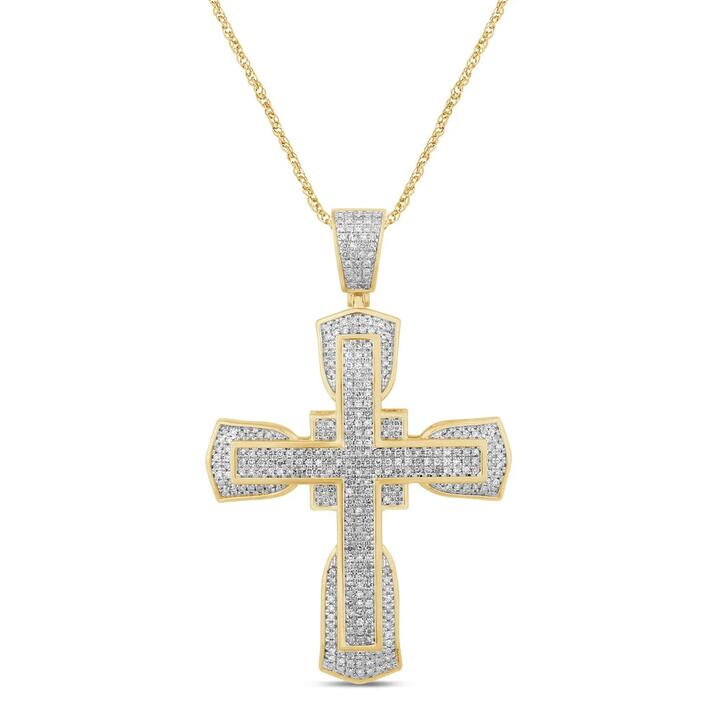 Image of Necklaces. Productname: Fancy Pave Cross Necklace with 1.00tw of Diamonds in 9kt Yellow Gold in Diamond colour by brand - Bevilles