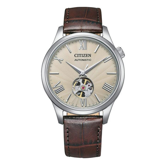 Image of a model wearing Dress. Productname: Citizen Dress NH9130-17A Silver and Brown Men's Watch in Watch colour by brand - Citizen