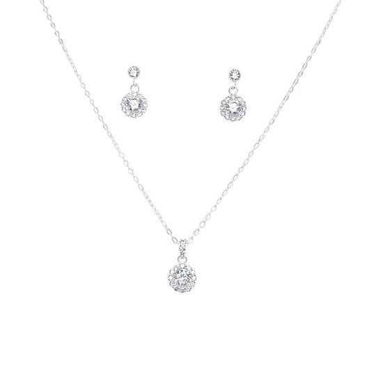 Image of Earrings. Productname: Halo Stud Earring and Necklace Set with Cubic Zirconia in Sterling Silver in Silver colour by brand - Bevilles
