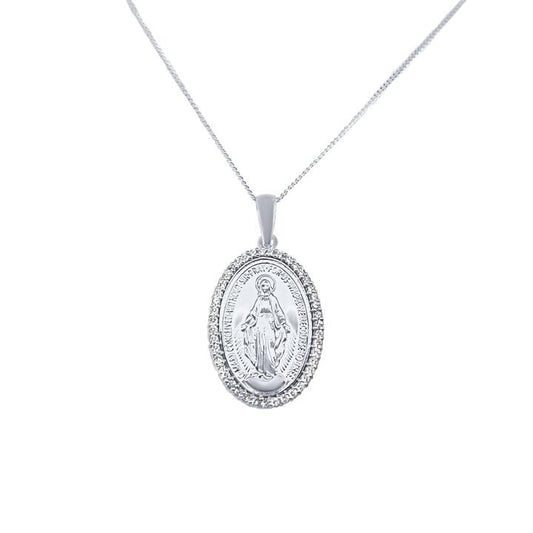 Image of Charms. Productname: 45cm Madonna Pendant Necklace with Cubic Zirconia in Sterling Silver in colour by brand - Bevilles