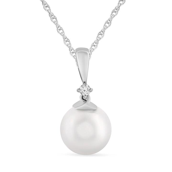 Image of Necklaces. Productname: Diamond Set Pearl Necklace in Sterling Silver in Diamond colour by brand - Bevilles
