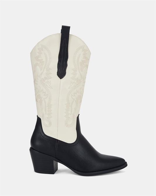 Image of Boots. Product name - Howdy Women's Boot Low-Mid Heel Black/White Novo Boots in Black/White colour by brand - NOVO