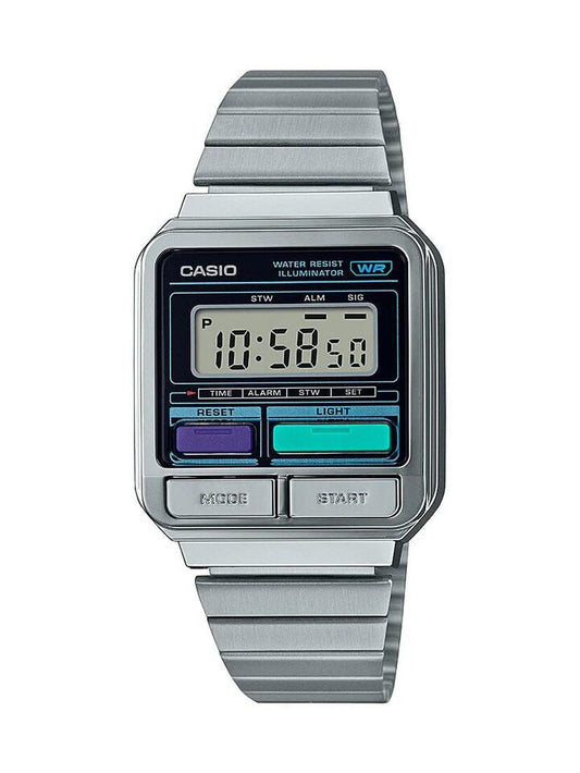 Image of Watches. Productname: Casio Vintage Silver Men's Digital Watch A120WE-1A in Watch colour by brand - Casio