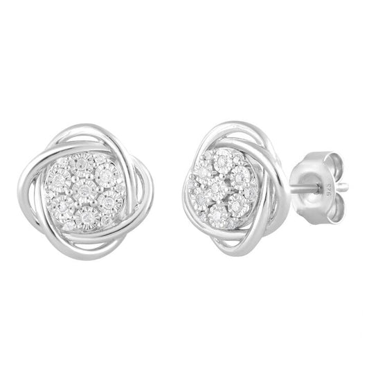 Image of Earrings. Productname: Fancy Swirl Halo Stud Earrings with 0.10tw of Diamonds in Sterling Silver in Diamond colour by brand - Bevilles