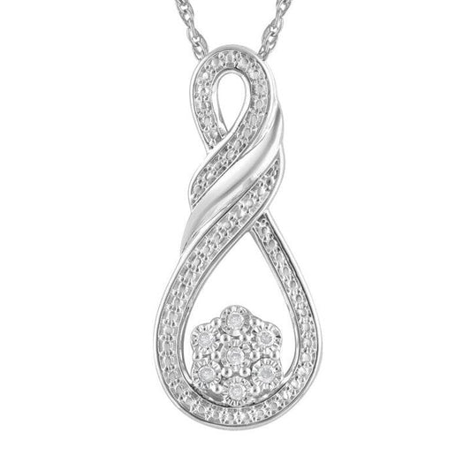 Image of Necklaces. Productname: Fancy Flower Swirl Necklace with 0.08ct of Diamonds in Sterling Silver in Diamond colour by brand - Bevilles
