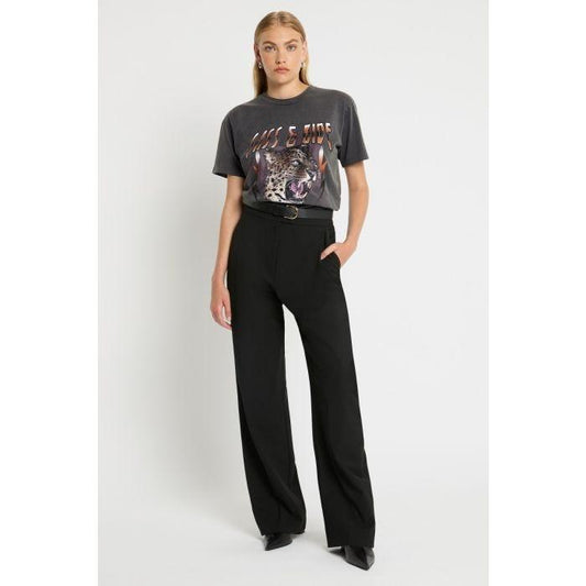 Image of a model wearing Tops. Productname: Leopard Rock Tee in Washed Black colour by brand - sass and bide