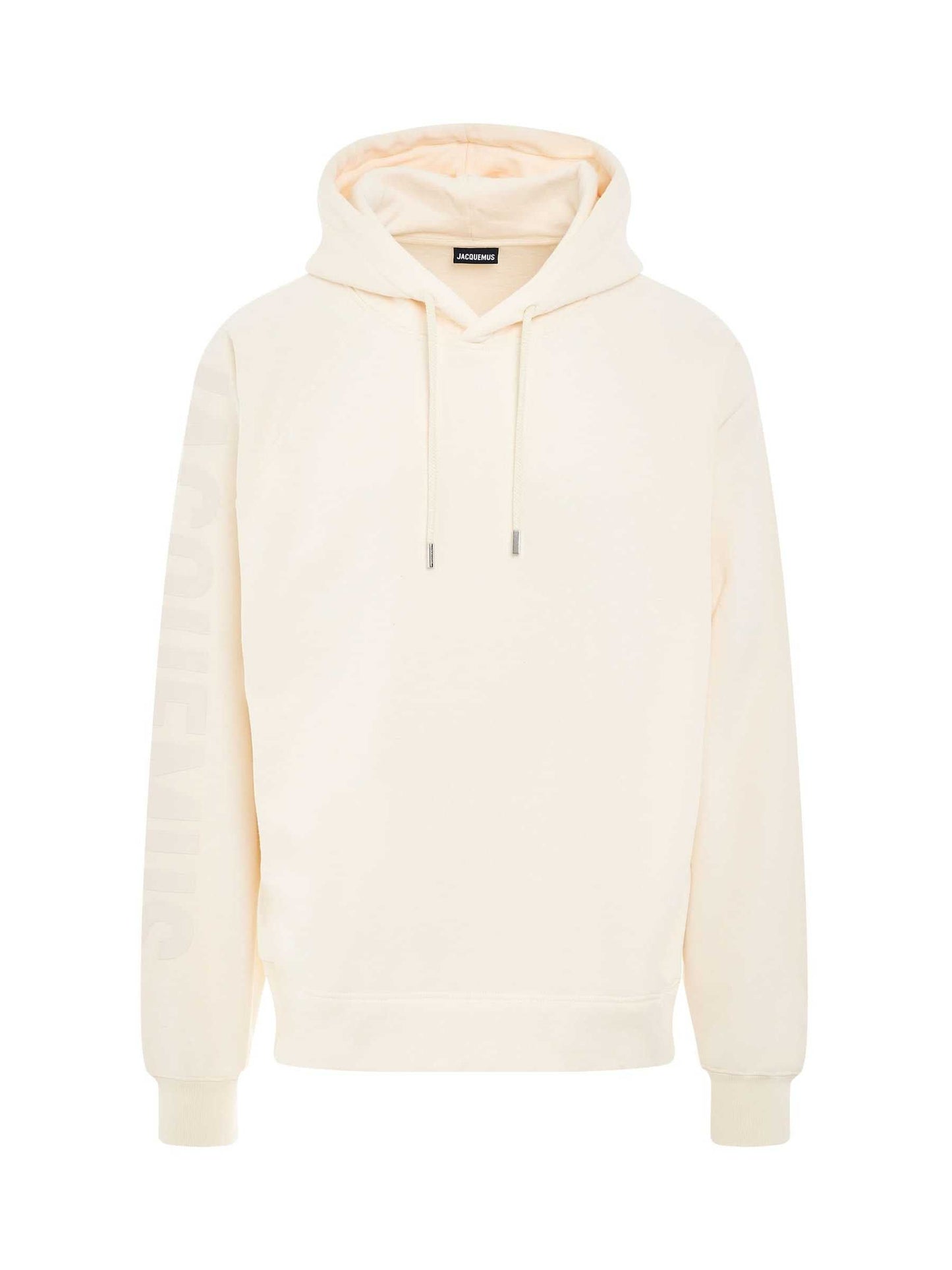 Image of a model wearing Outerwear. Productname: JACQUEMUS Typo Logo Hoodie in BEIGE colour by brand - JACQUEMUS