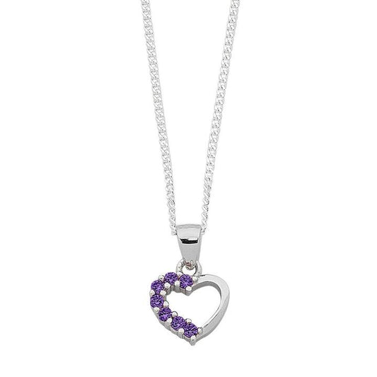 Image of Necklaces. Productname: 40cm Children's Purple Cubic Zirconia Heart Necklace in Sterling Silver in Silver colour by brand - Bevilles