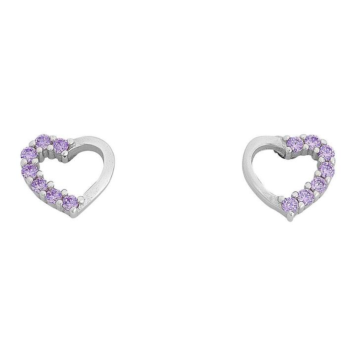 Image of Earrings. Productname: Children's Light Purple Cubic Zirconia Open Heart Stud Earrings in Sterling Silver in Silver colour by brand - Bevilles