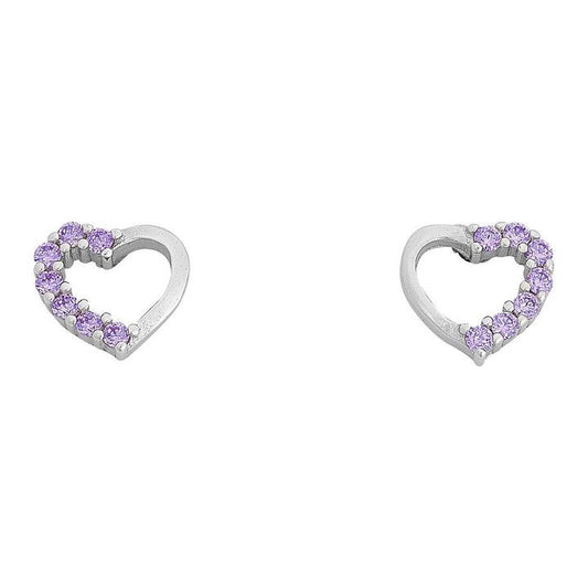 Image of Earrings. Productname: Children's Light Purple Cubic Zirconia Open Heart Stud Earrings in Sterling Silver in Silver colour by brand - Bevilles