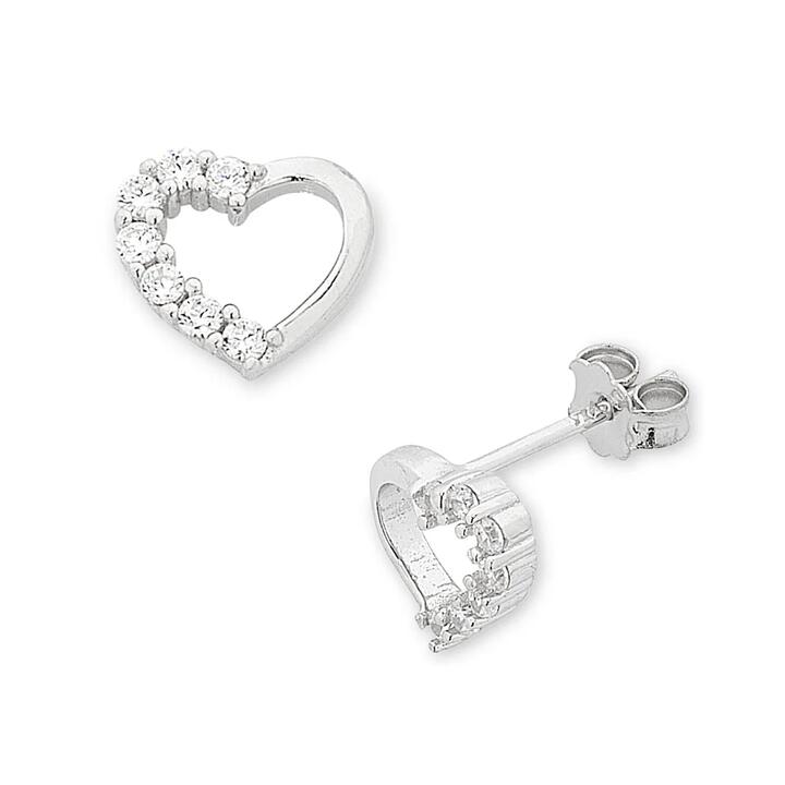 Image of Earrings. Productname: Children's Sterling Silver Open Heart Cubic Zirconia Earrings in Silver colour by brand - Bevilles