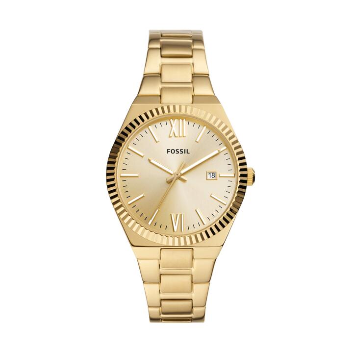 Image of Watches. Productname: Fossil Scarlette Three-Hand Date Gold-Tone Stainless Steel Watch ES5299 in Watch colour by brand - Fossil