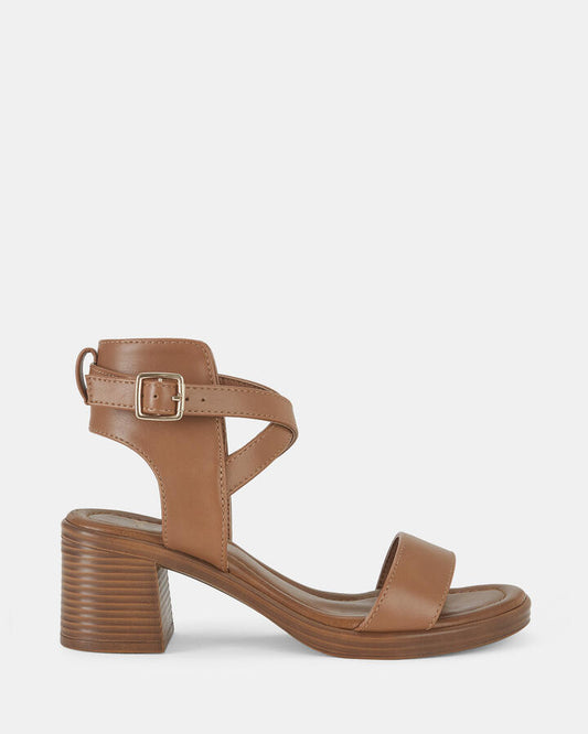 Image of Sandals. Product name - Unforgettable Women's Strappy Low Heel CARAMEL Novo Sandals in Caramel colour by brand - NOVO