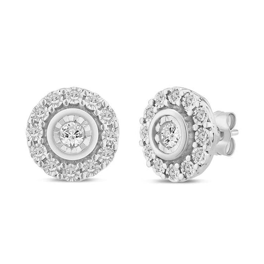 Image of Earrings. Productname: Solitaire Halo Stud Earrings with 0.20tw of Diamonds in Sterling Silver in colour by brand - Bevilles