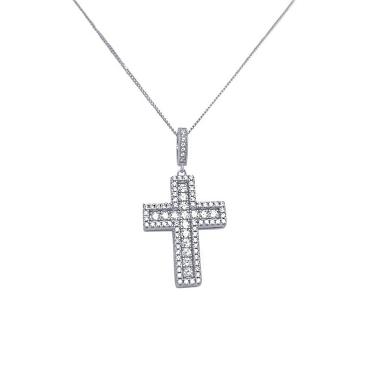 Image of Necklaces. Productname: 45cm Cubic Zirconia Halo Cross Pendant Necklace in Sterling Silver in Silver colour by brand - Bevilles