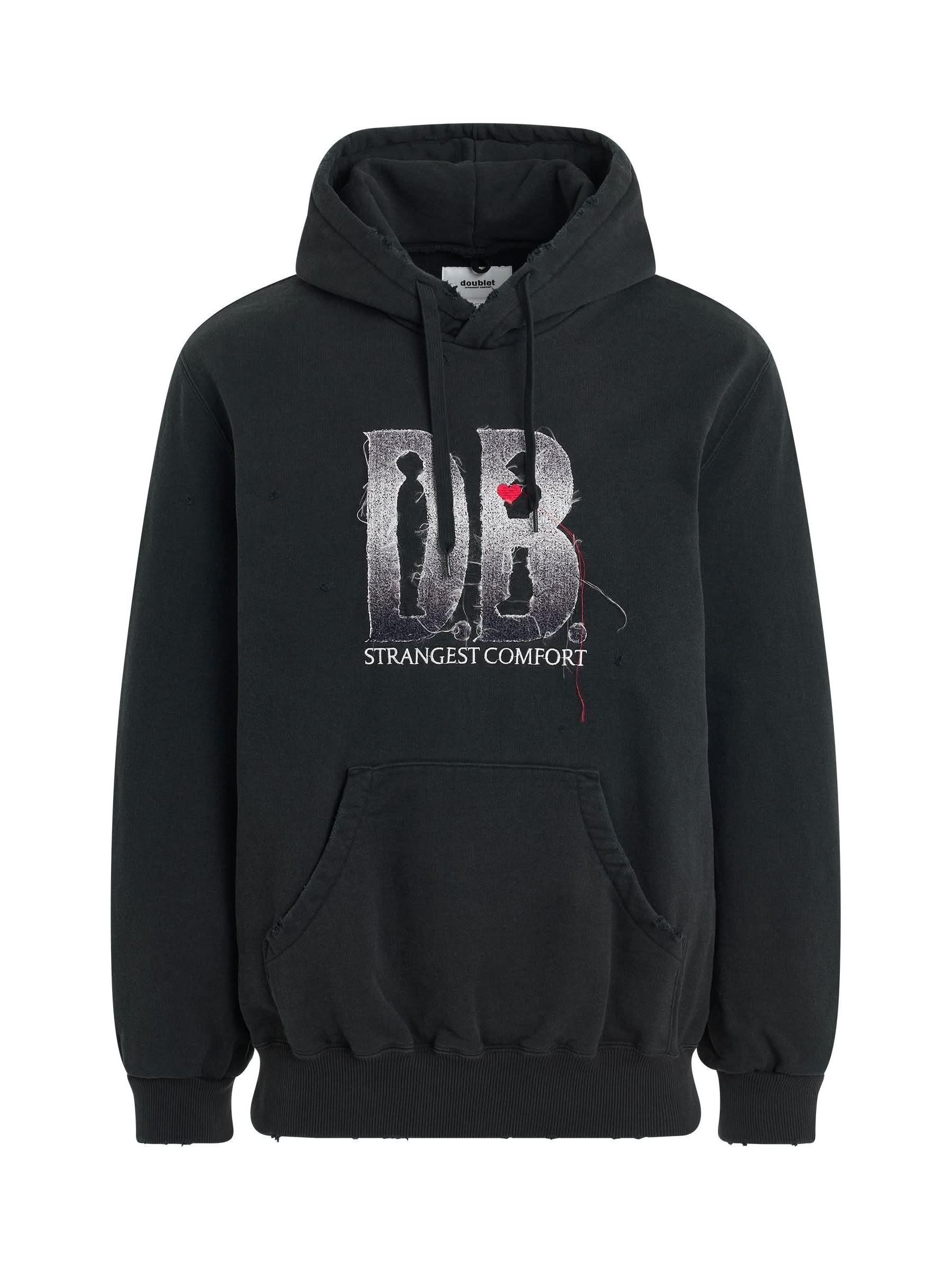 Image of a model wearing Outerwear. Productname: DOUBLET D.B. Logo Embroidery Hoodie in BLACK colour by brand - DOUBLET