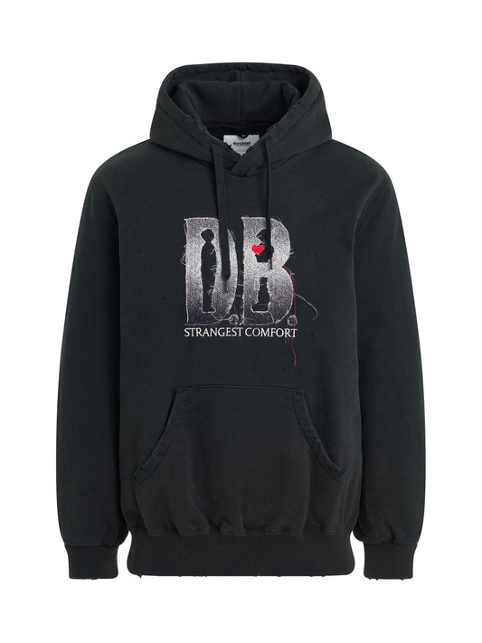 Image of a model wearing Outerwear. Productname: DOUBLET D.B. Logo Embroidery Hoodie in BLACK colour by brand - DOUBLET
