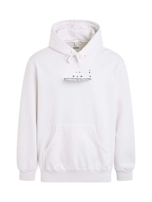 Image of a model wearing Outerwear. Productname: DOUBLET CD-R Embroidery Hoodie in WHITE colour by brand - DOUBLET