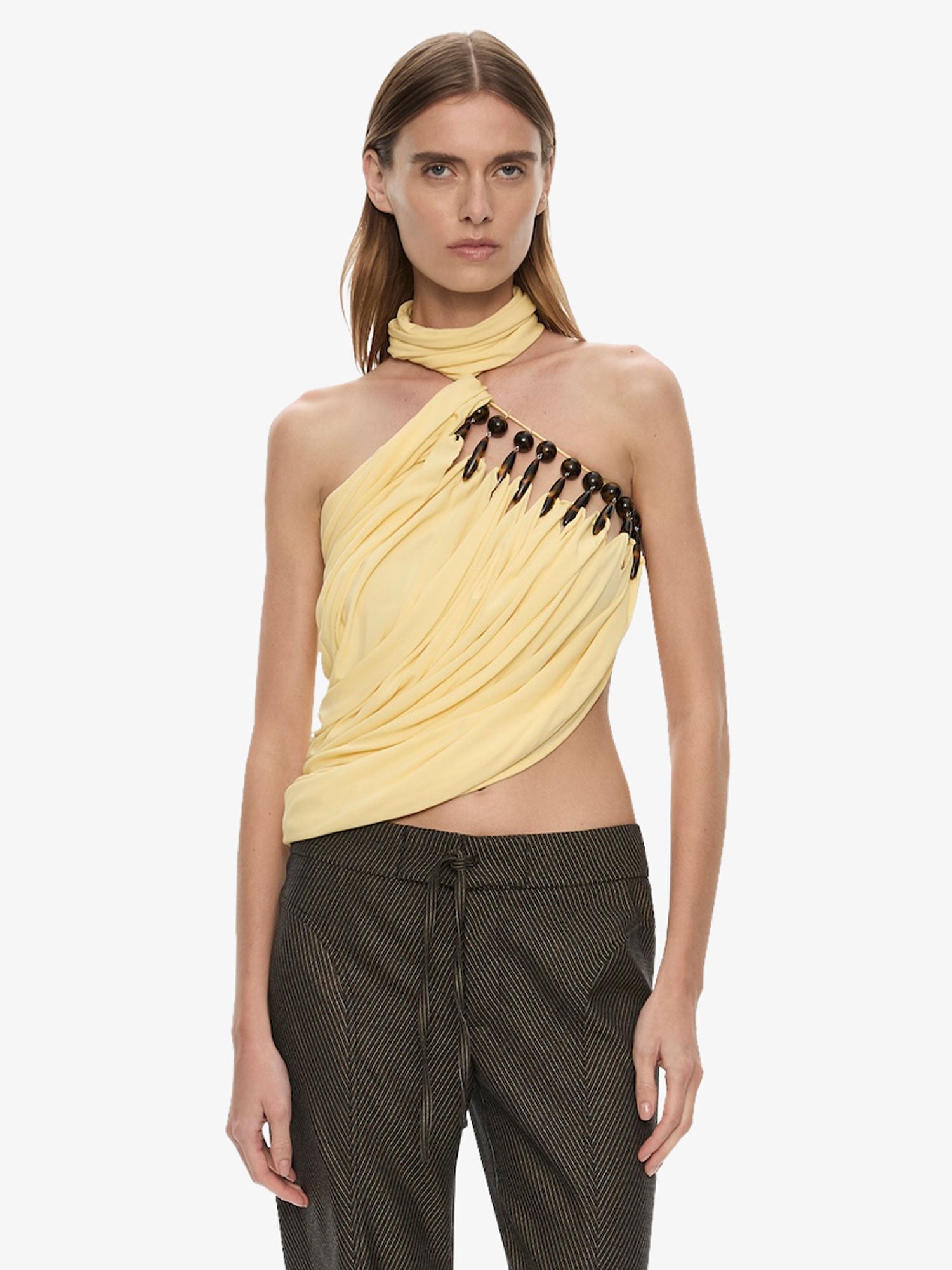 Image of Clothing Tops. Product name - Tortoise Droplet Halter Top in Butter colour by brand - CHRISTOPHER ESBER