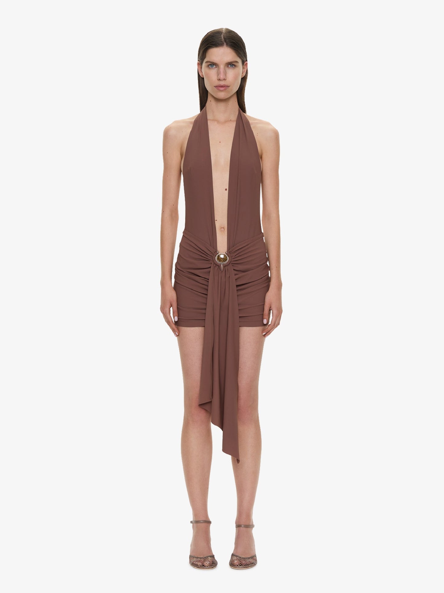 Image of Swimwear. Product name - Pierced Orbit Halter Drape Mini Dress in Brown colour by brand - CHRISTOPHER ESBER