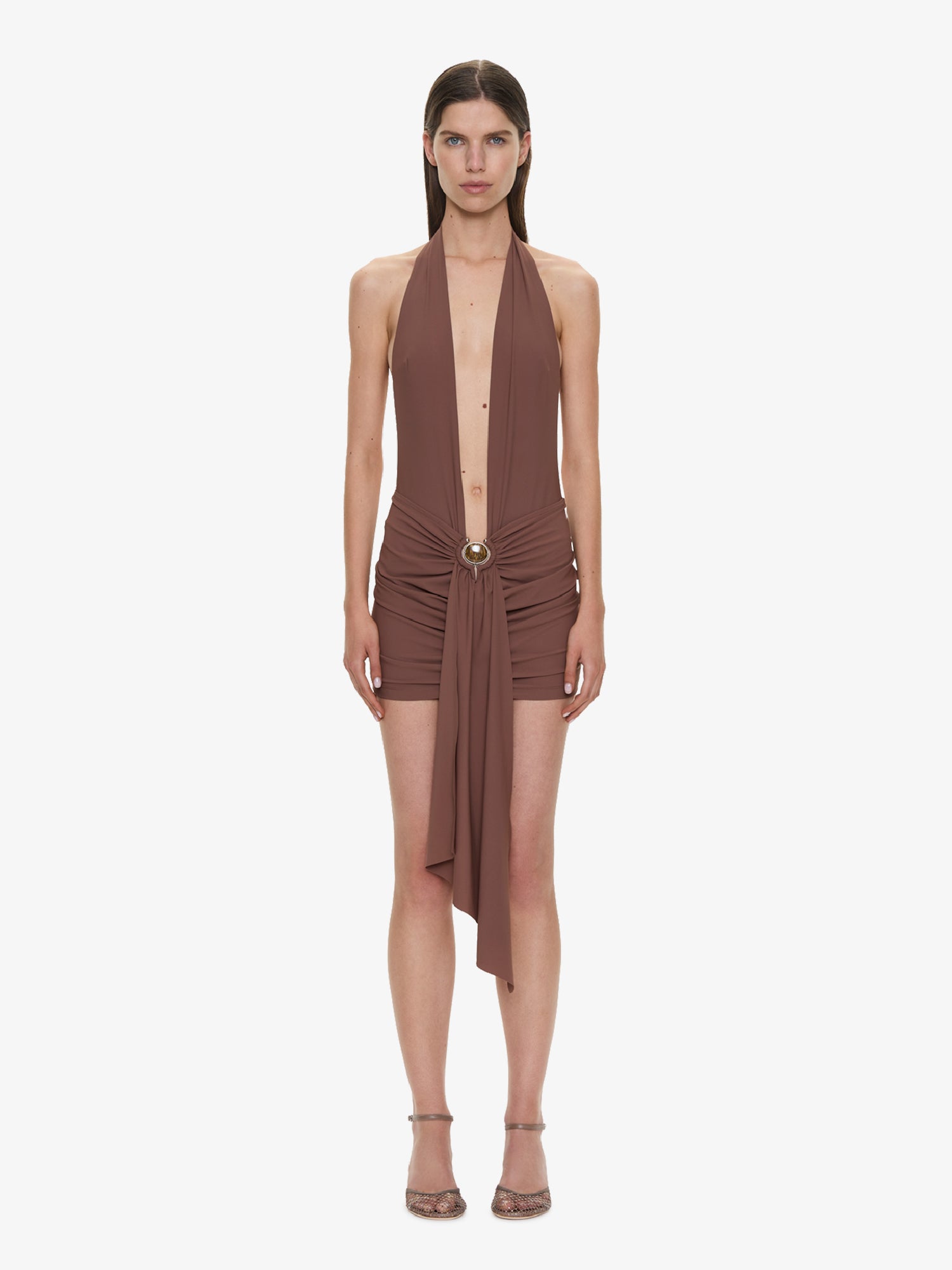 Image of Swimwear. Product name - Pierced Orbit Halter Drape Mini Dress in Brown colour by brand - CHRISTOPHER ESBER