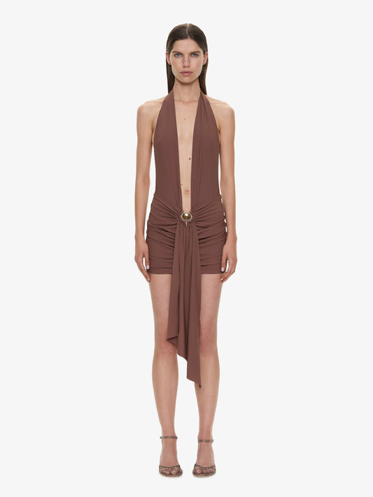 Image of Swimwear. Product name - Pierced Orbit Halter Drape Mini Dress in Brown colour by brand - CHRISTOPHER ESBER