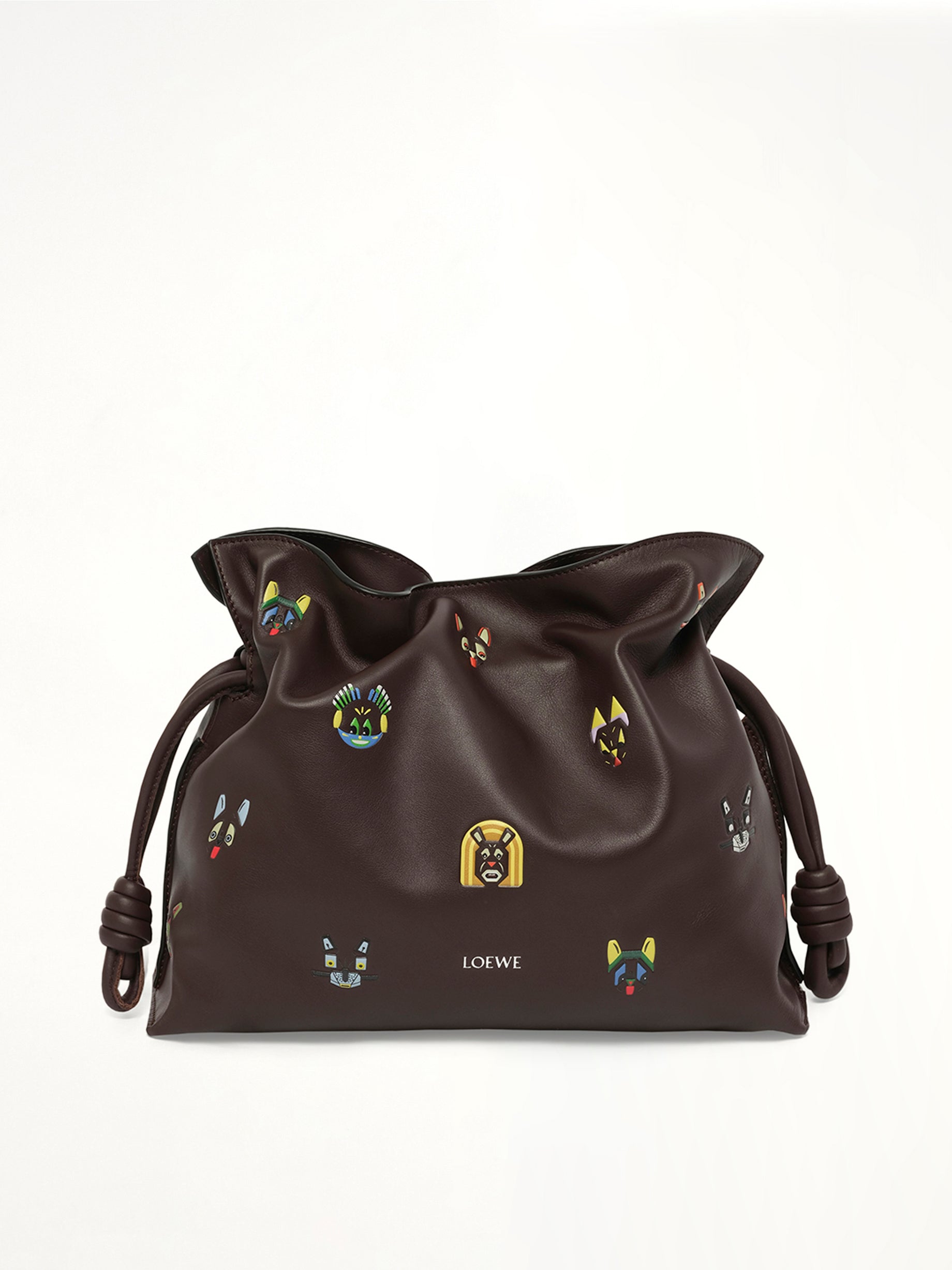 Image of Bags. Product name - Flamenco Clutch Allover Cats Medium Bag in Brown colour by brand - LOEWE
