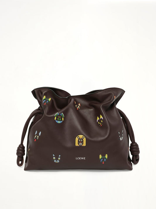 Image of Bags. Product name - Flamenco Clutch Allover Cats Medium Bag in Brown colour by brand - LOEWE