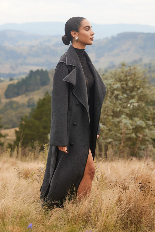 Image of a model wearing Outerwear. Productname: SNDYS Dawes Coat in Charcoal colour by brand - SNDYS