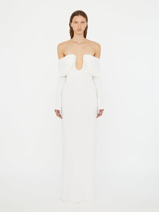 Image of Dresses. Productname: Christopher Esber Arced Palm Strapless Shawl Gown in White colour by brand - Christopher Esber