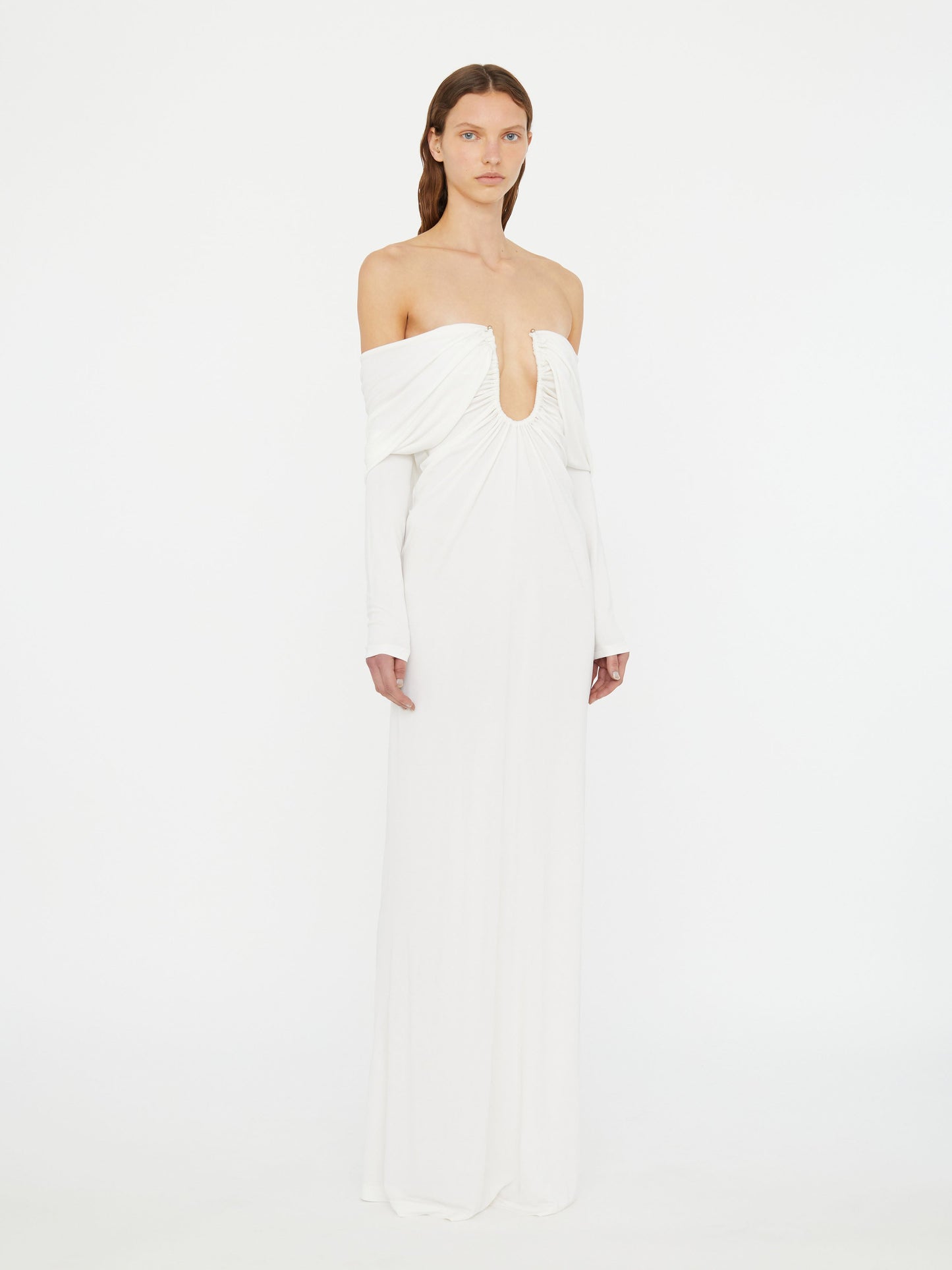 Christopher Esber Arced Palm Strapless Shawl Gown (White)