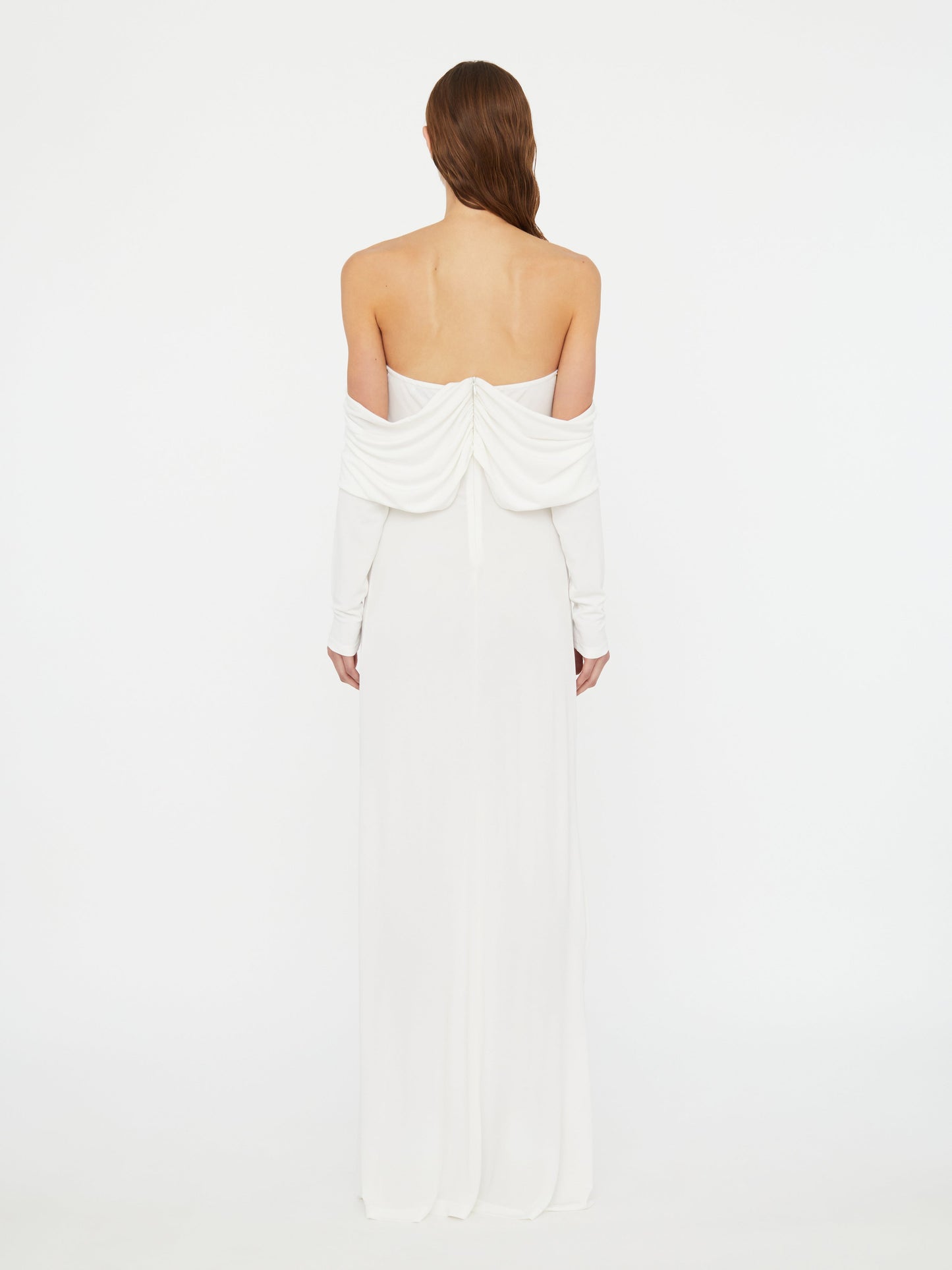 Christopher Esber Arced Palm Strapless Shawl Gown (White)