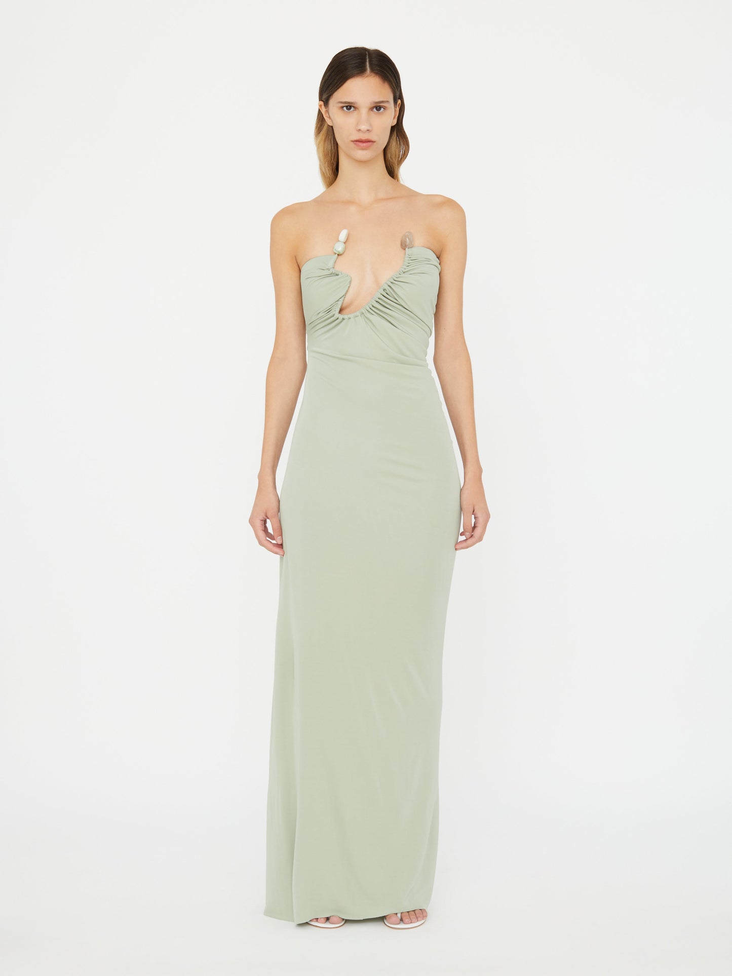 Image of Dresses. Product name - Odessa Arced Strapless Gown in Sage colour by brand - Christopher Esber
