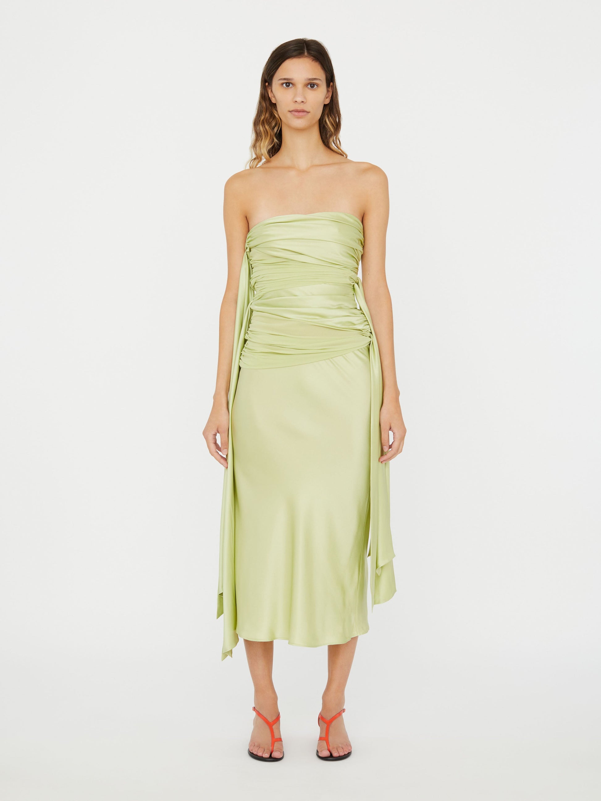Image of Dresses. Product name - Knotted Silk Gather Midi Dress in Melon colour by brand - Christopher Esber