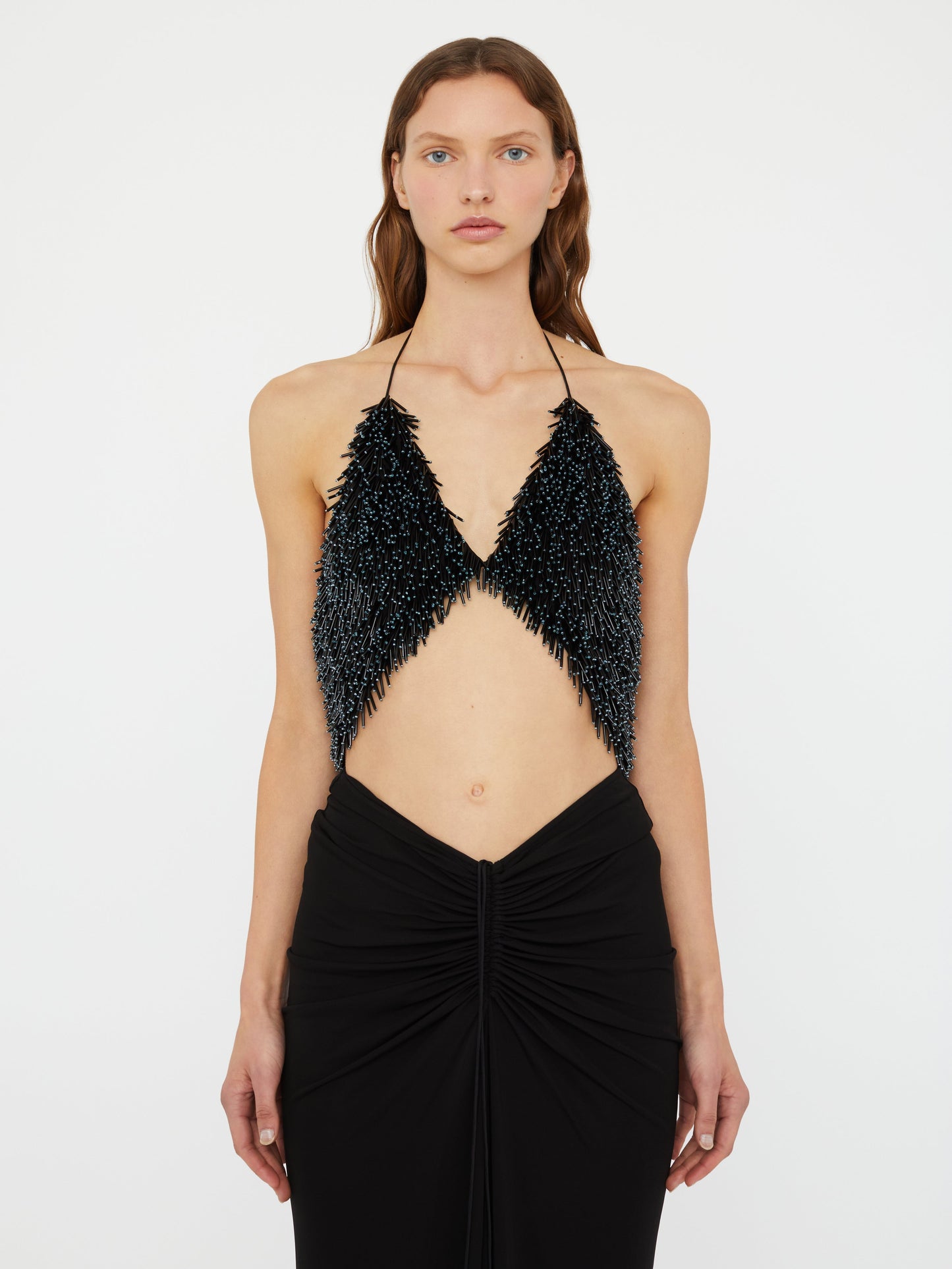 Christopher Esber Tiered Thorn Beaded Disconnect Dress (Teal)