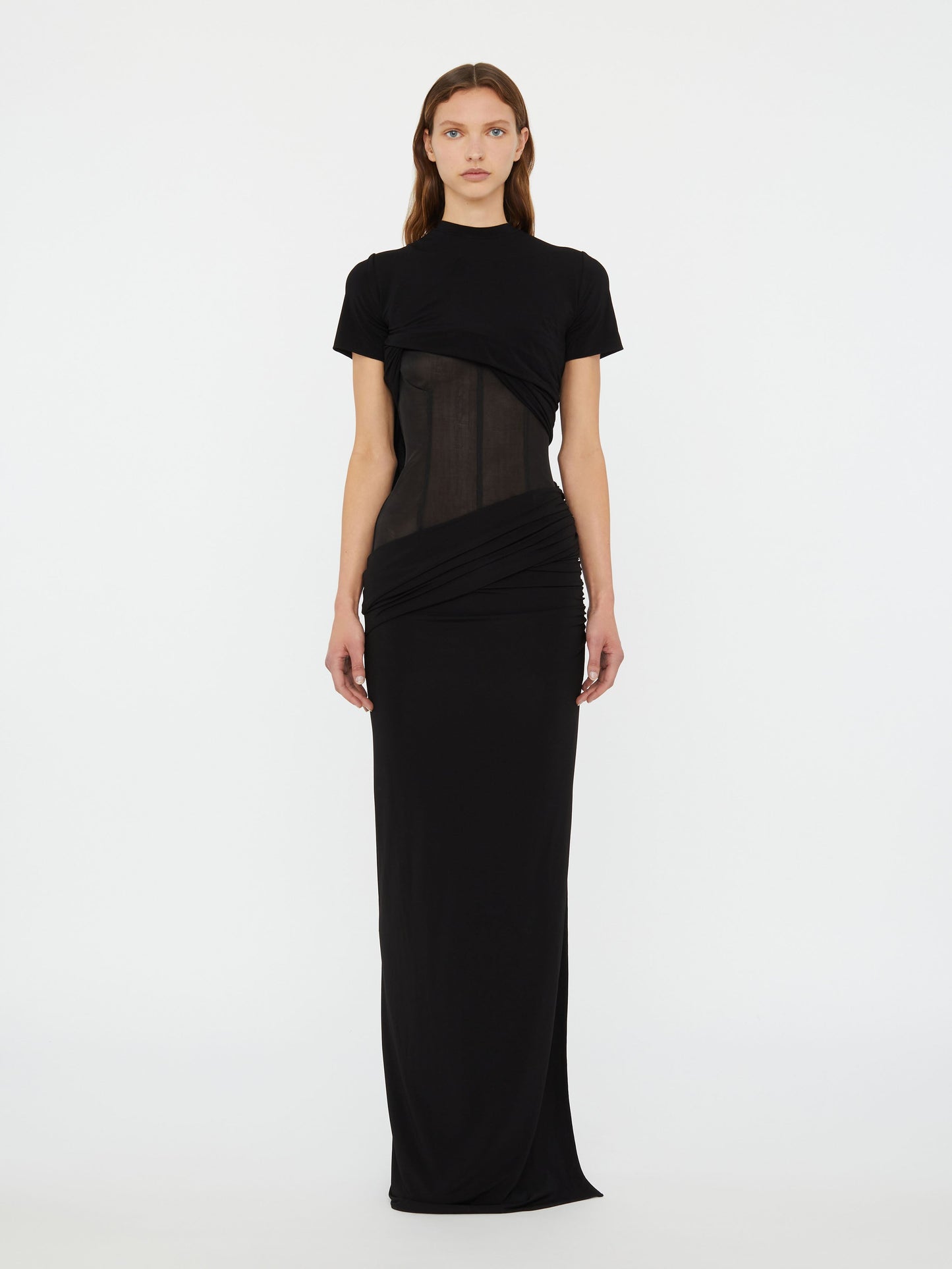Image of Dresses. Productname: Christopher Esber Coiled Jersey Corseted Tee Gown in Black colour by brand - Christopher Esber