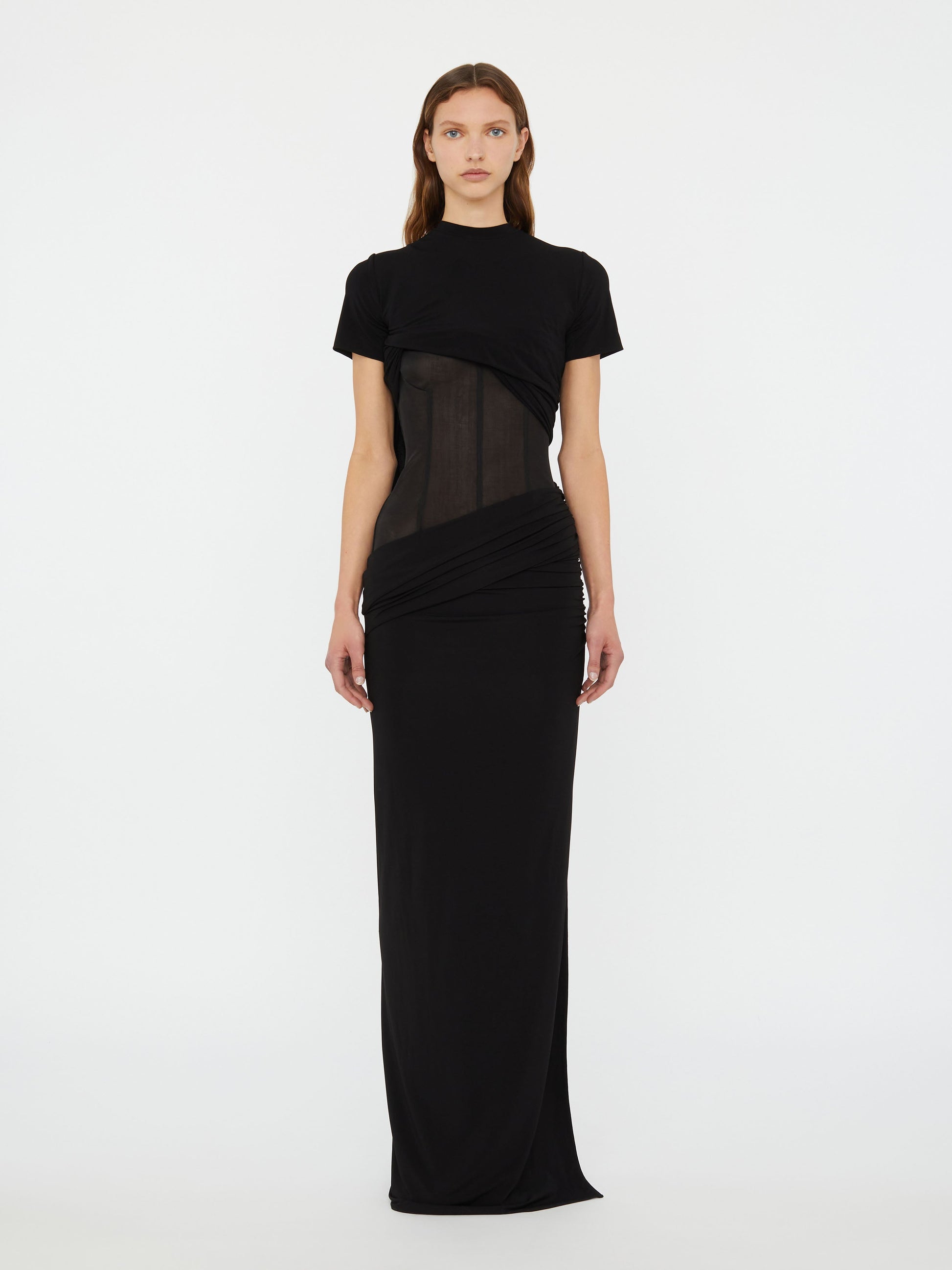 Image of Dresses. Productname: Christopher Esber Coiled Jersey Corseted Tee Gown in Black colour by brand - Christopher Esber