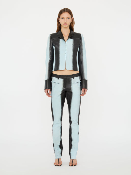 Image of a model wearing Pants. Productname: Christopher Esber Scuffed Leather Jean in Jean colour by brand - Christopher Esber