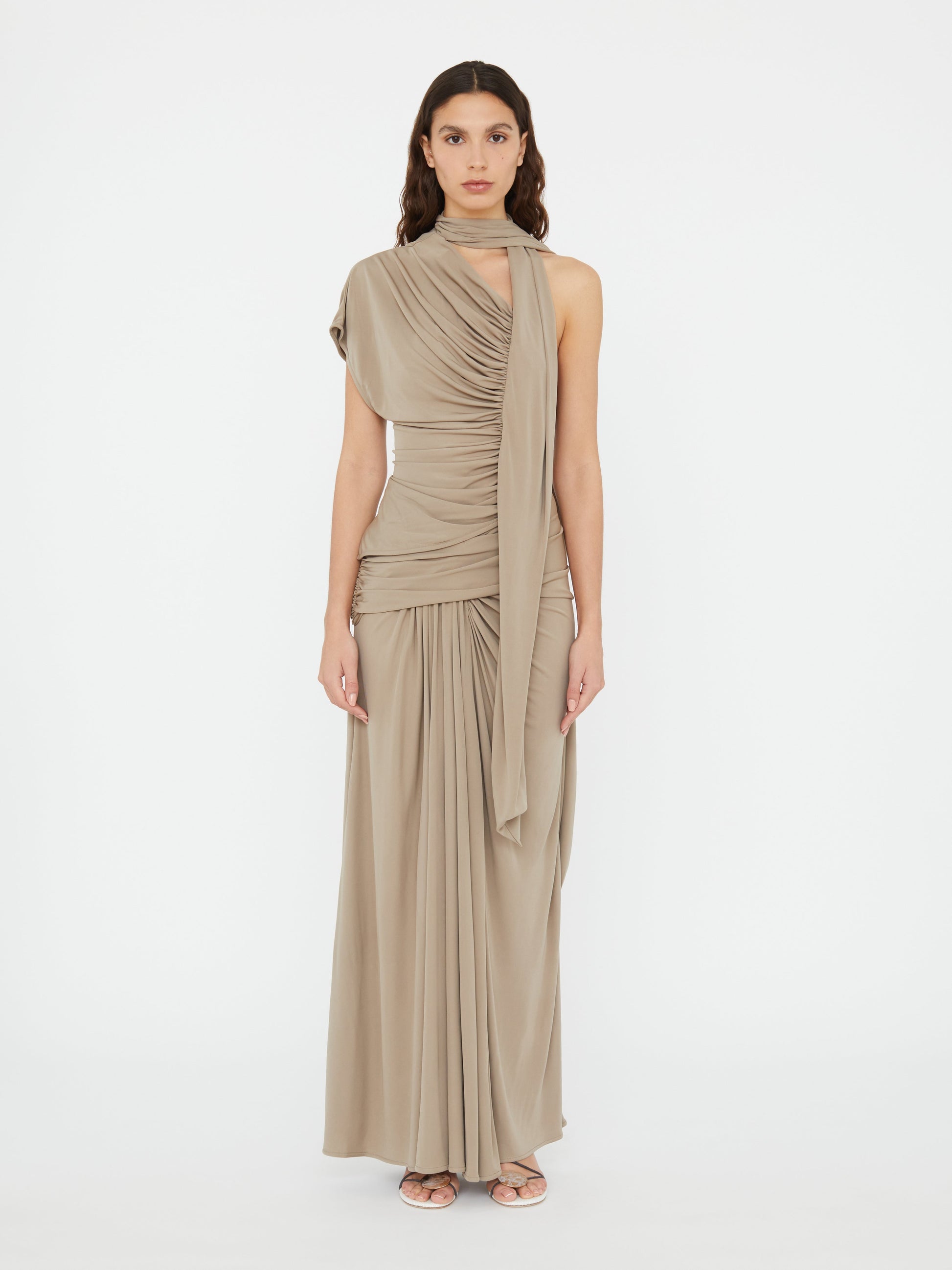 Image of a model wearing Skirts. Productname: Christopher Esber Aiba Draped Jersey Skirt in Clay colour by brand - Christopher Esber