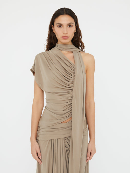 Image of a model wearing Tops. Productname: Christopher Esber Vienna Jersey Scarf Top in Clay colour by brand - Christopher Esber
