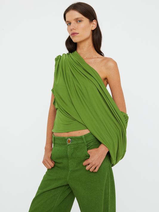 Image of a model wearing Tops. Productname: Christopher Esber Aiba Draped Jersey Tee in Cactus colour by brand - Christopher Esber