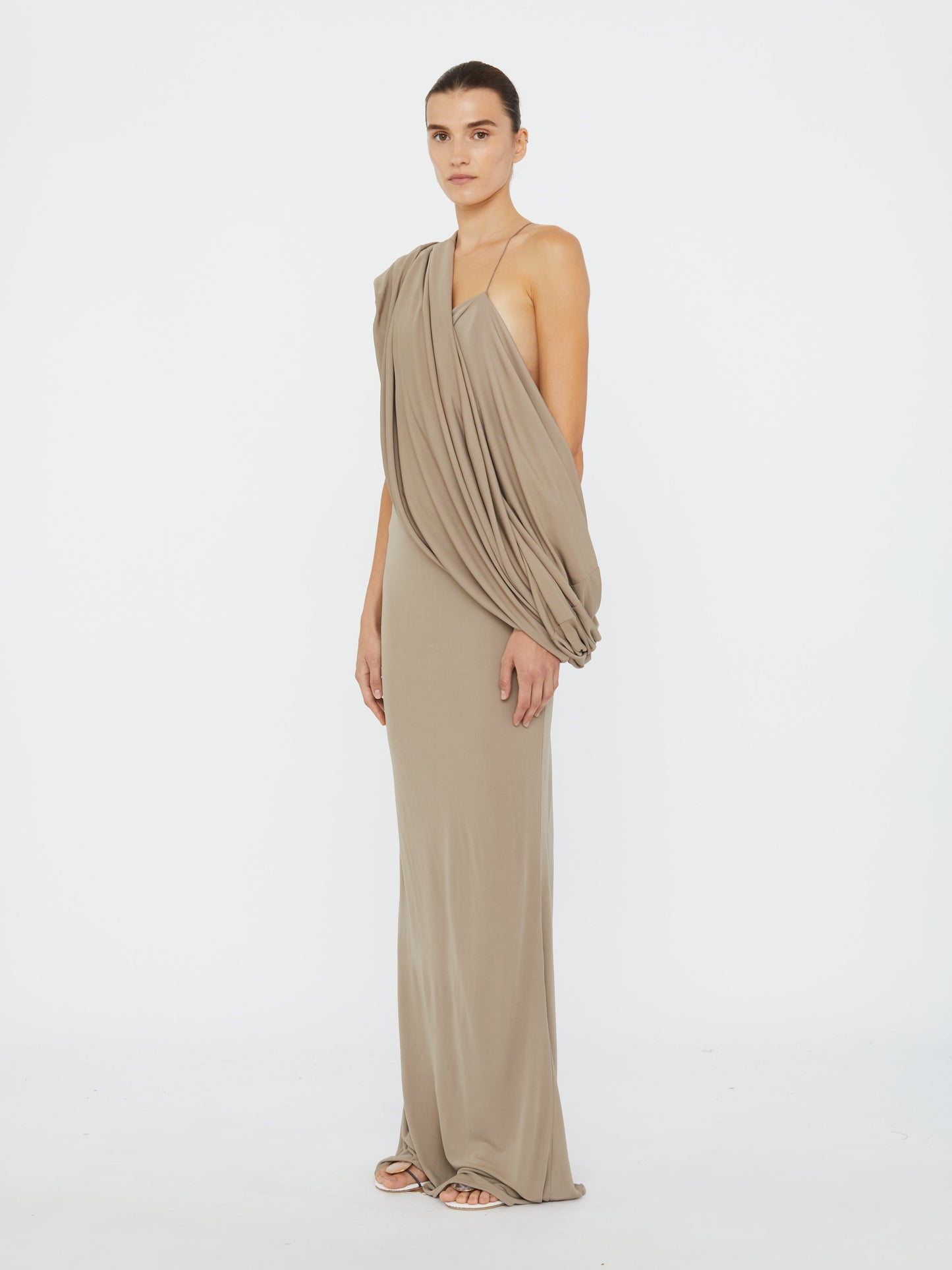 Image of Dresses. Productname: Christopher Esber Aiba Draped Jersey Tee Dress in Clay colour by brand - Christopher Esber