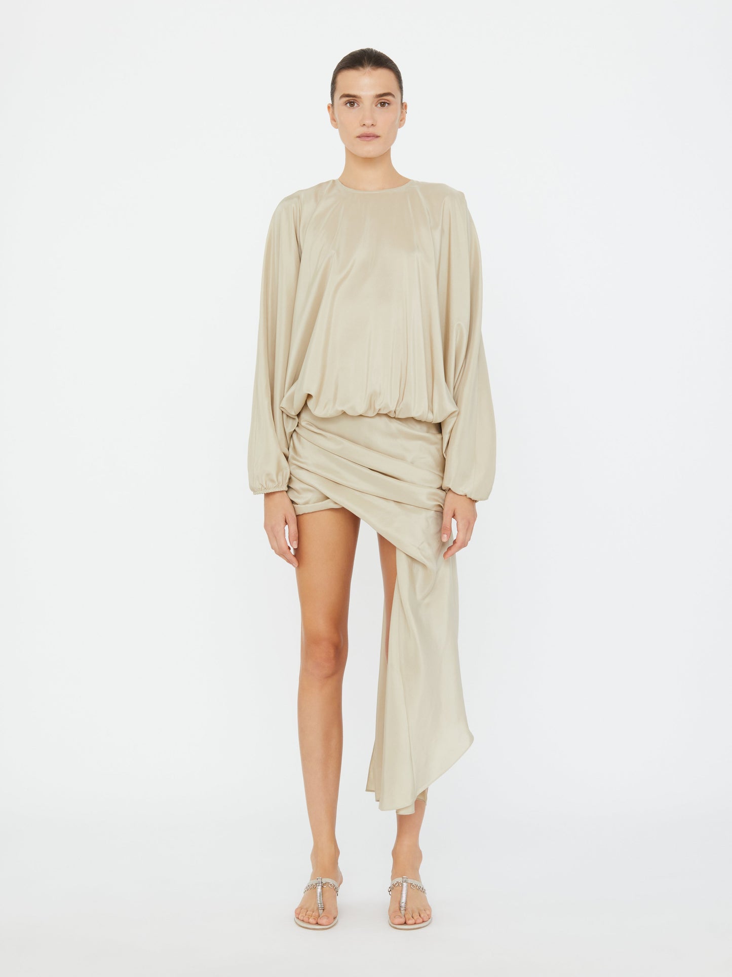 Image of Dresses. Productname: Christopher Esber Parachute Silk Drape Mini Dress in Stone colour by brand - Christopher Esber