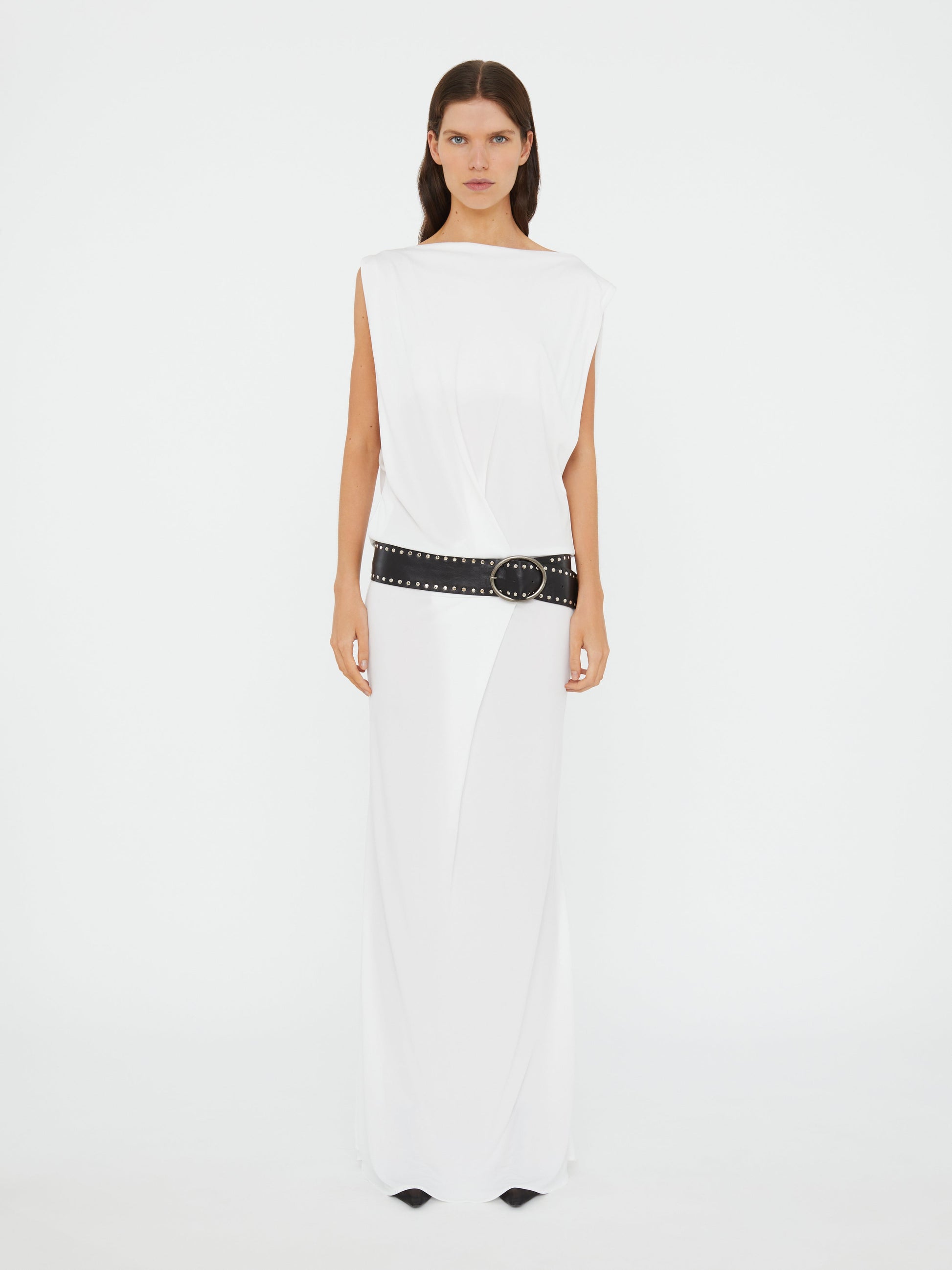 Image of Dresses. Productname: Christopher Esber Leather Belted Drop Jersey Dress in White colour by brand - Christopher Esber