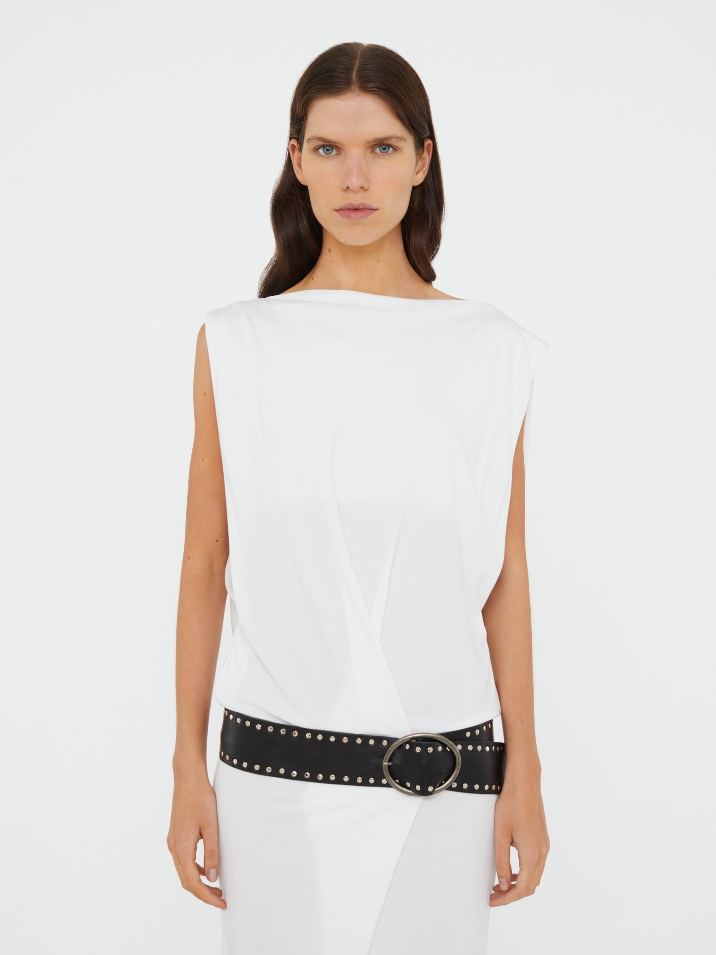 Christopher Esber Leather Belted Drop Jersey Dress (White)
