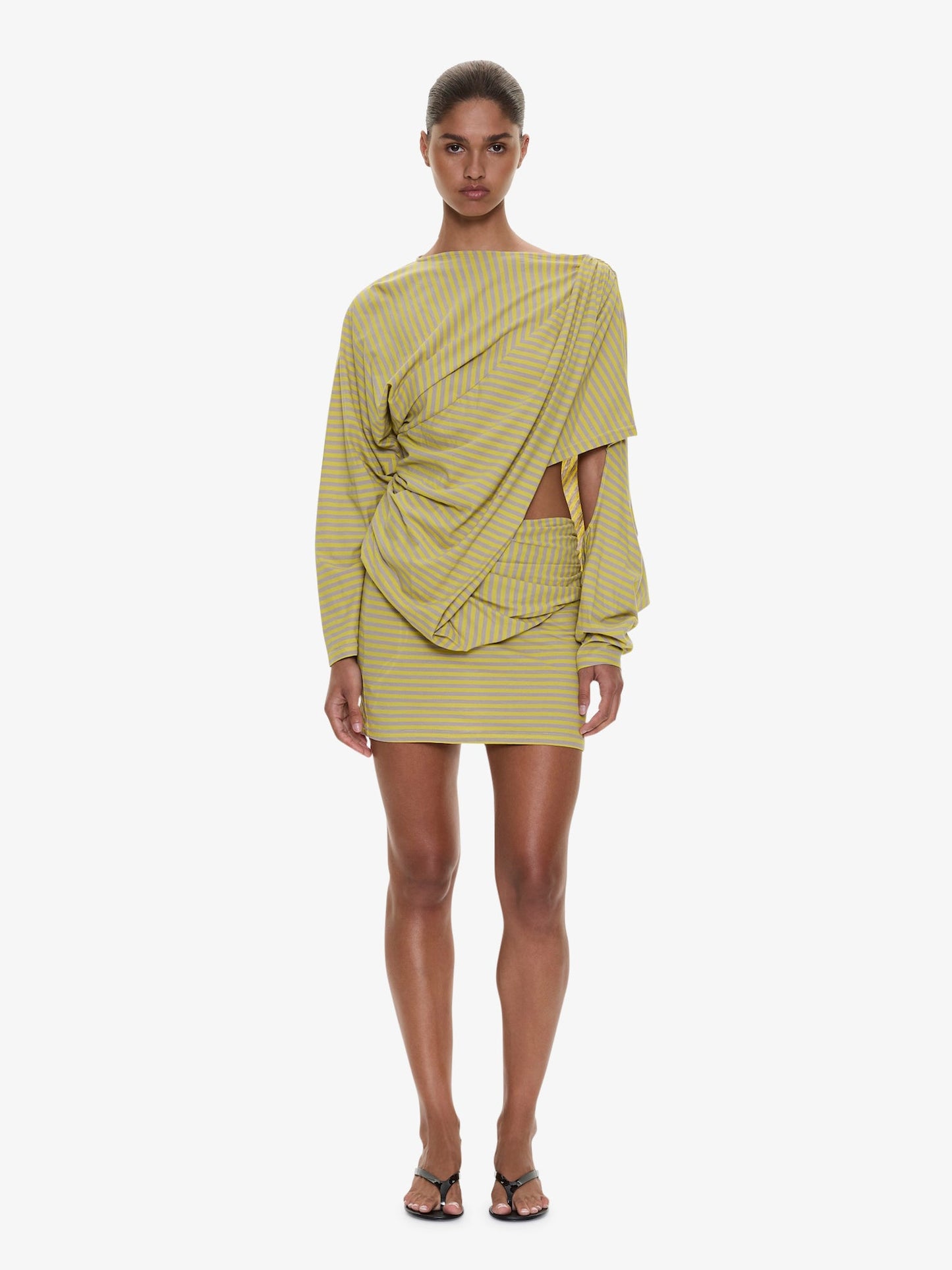 Image of Dresses. Product name - Aiba Draped Cotton Jersey Long Sleeve Dress in Stripe colour by brand - CHRISTOPHER ESBER