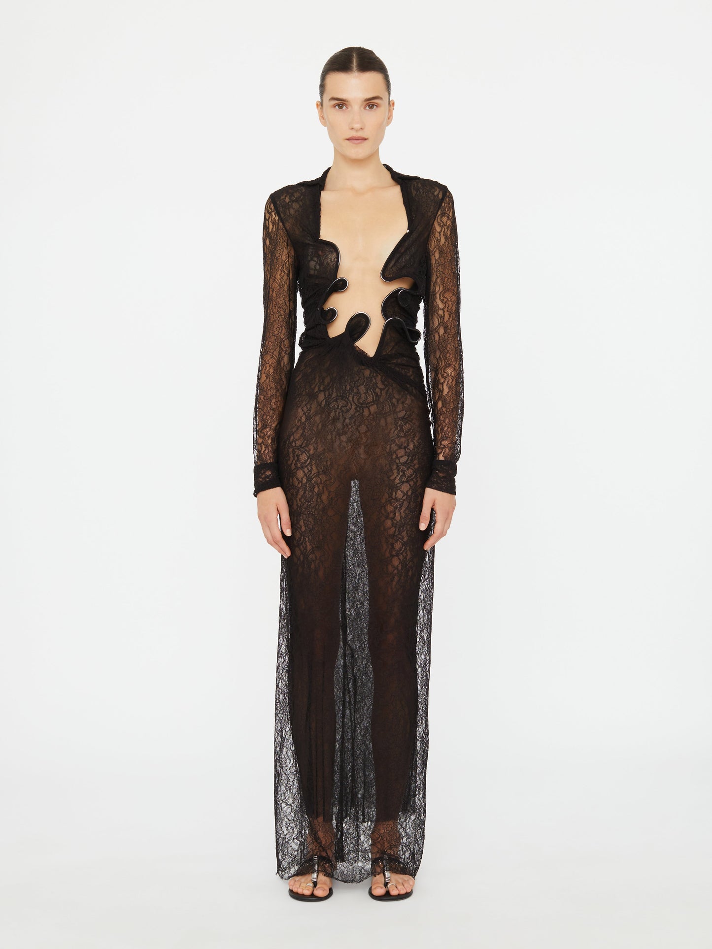 Image of Dresses. Productname: Christopher Esber Lace Venus Plunge Shirt Dress in Black colour by brand - Christopher Esber