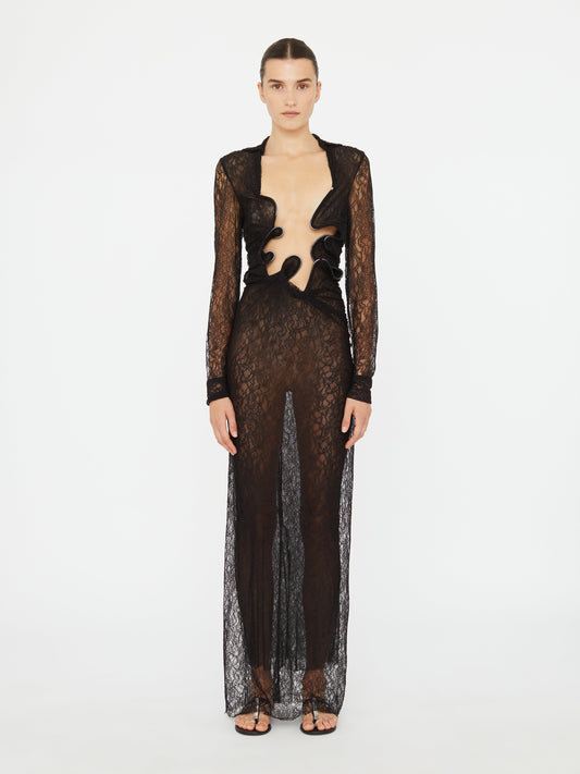 Image of Dresses. Productname: Christopher Esber Lace Venus Plunge Shirt Dress in Black colour by brand - Christopher Esber