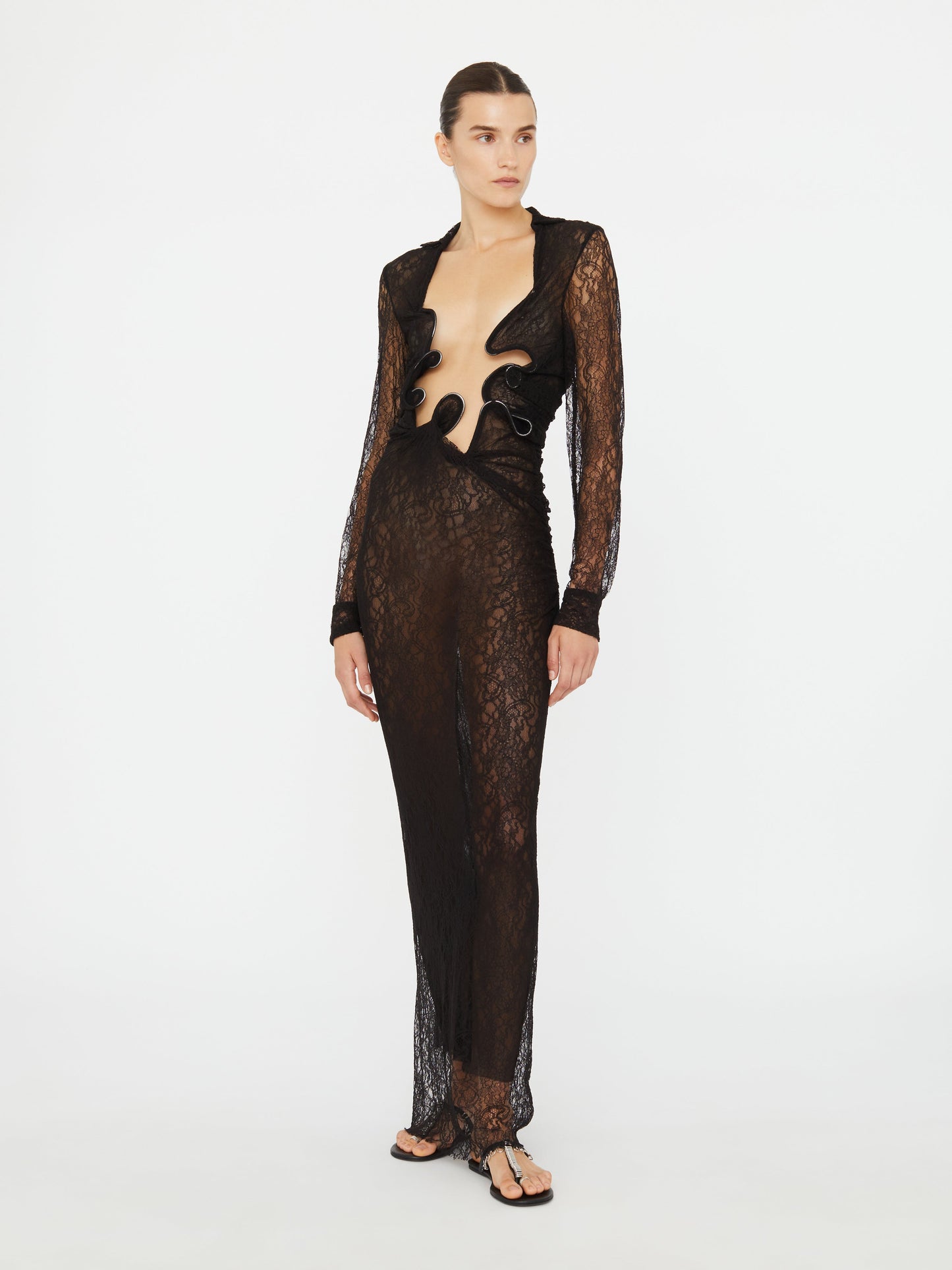 Christopher Esber Lace Venus Plunge Shirt Dress (Black)